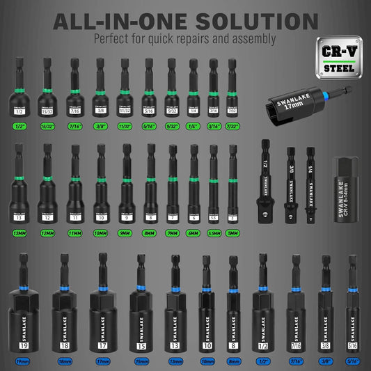 74-Piece Magnetic Nut Driver Set for Impact Drill, Metric & SAE Sockets