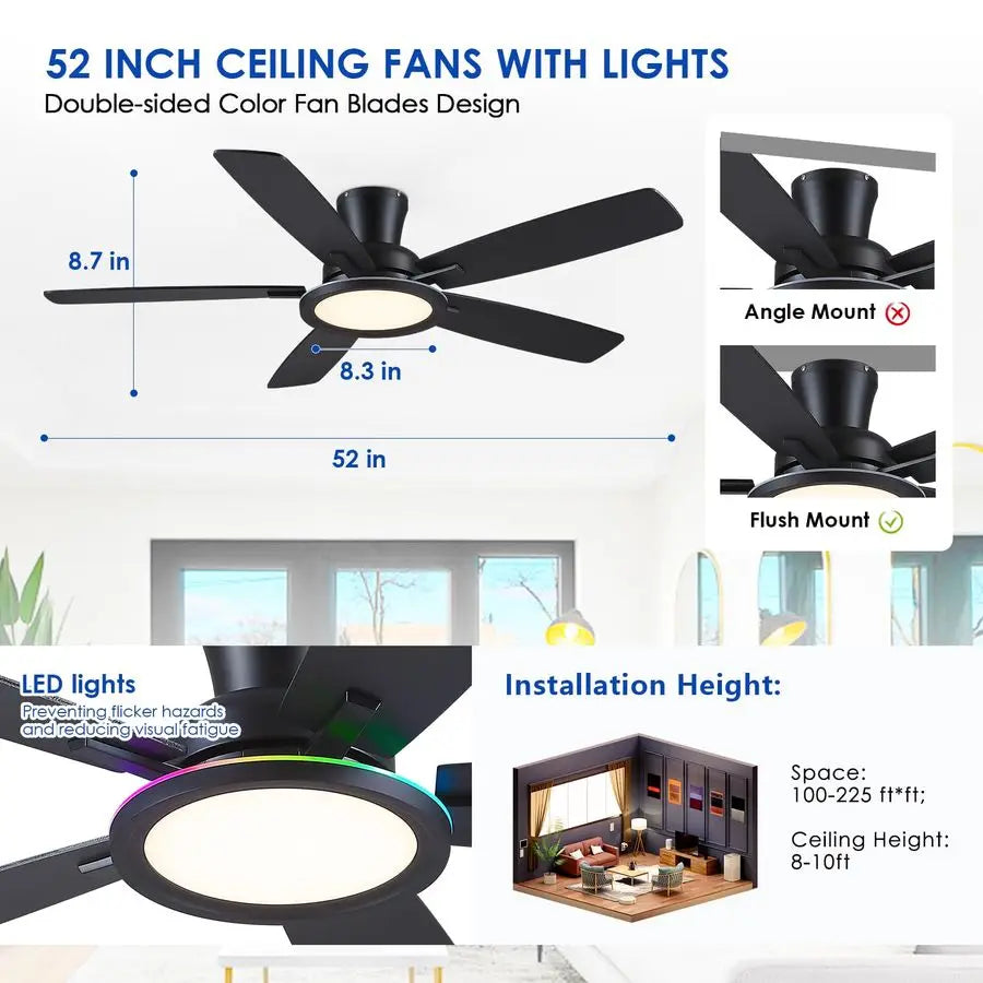 Flush Mount Ceiling Fan with RGB Light 52In