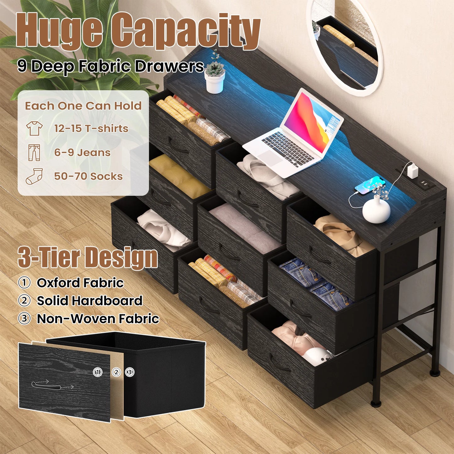 Dresser with LED Lights & Charging Station-Black