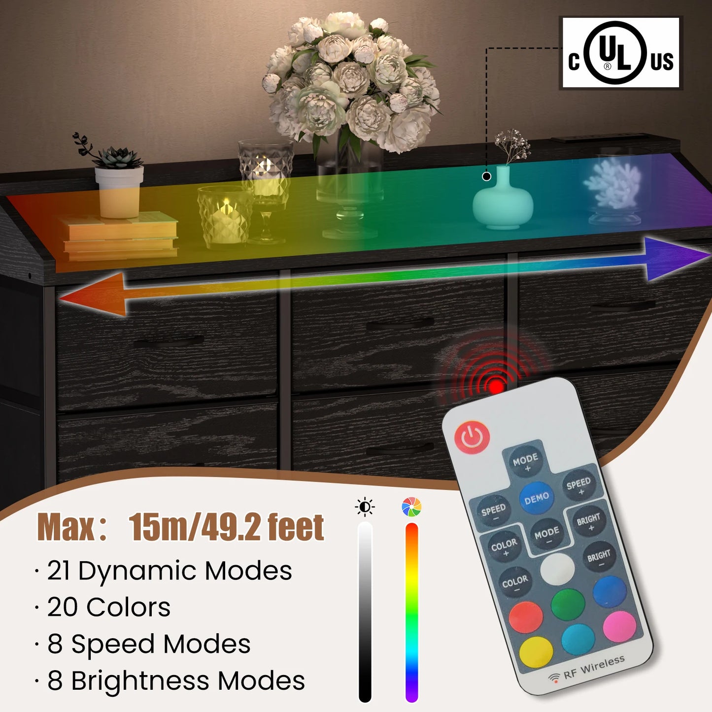 Dresser with LED Lights & Charging Station-Black