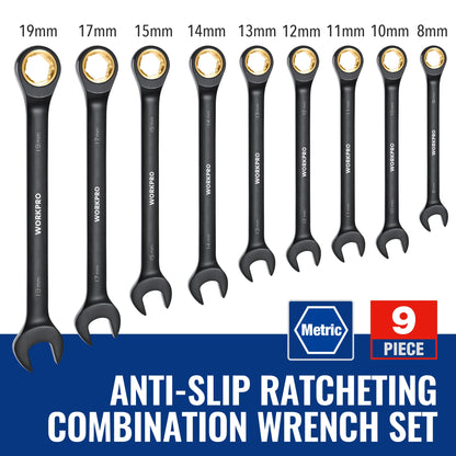 9pcs Ratcheting Combination Wrench Set Metric/SAE