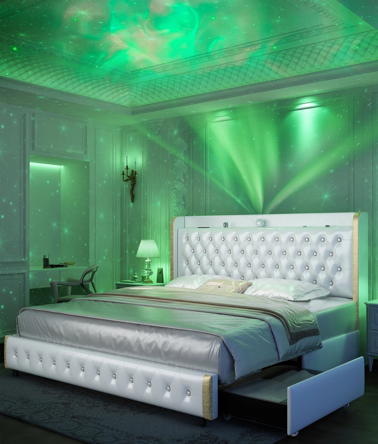 LED Bed Frame with Galaxy Projector