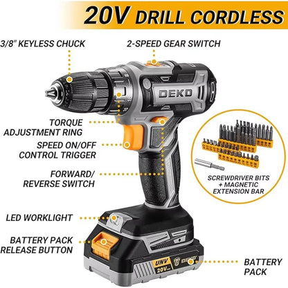 20V DEKO Cordless Drill Kit with Battery