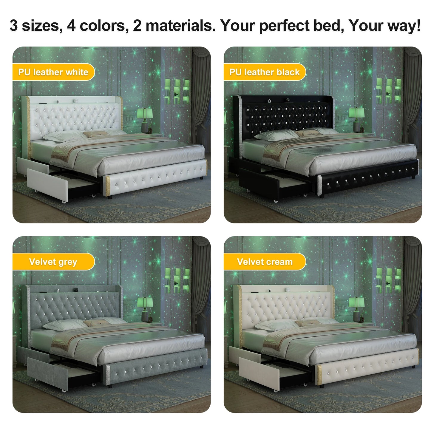 LED Bed Frame with Galaxy Projector