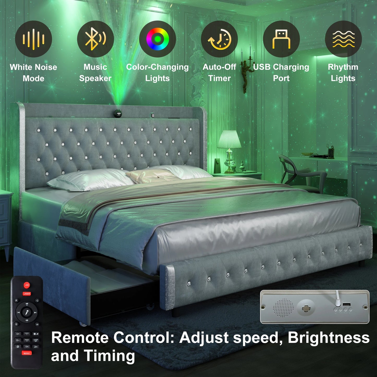 LED Bed Frame with Galaxy Projector
