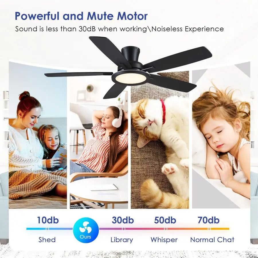 Flush Mount Ceiling Fan with RGB Light 52In