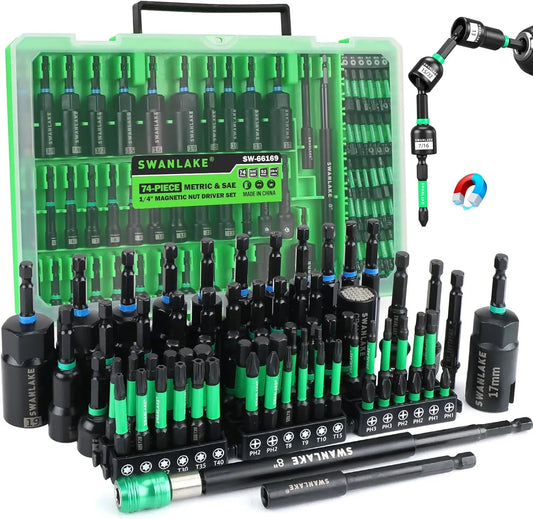 74-Piece Magnetic Nut Driver Set for Impact Drill, Metric & SAE Sockets