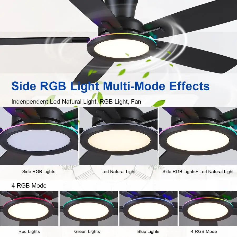Flush Mount Ceiling Fan with RGB Light 52In