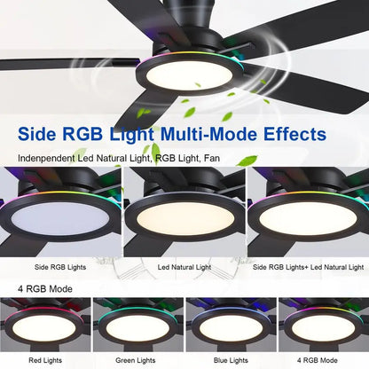 Flush Mount Ceiling Fan with RGB Light 52In