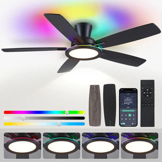 Flush Mount Ceiling Fan with RGB Light 52In
