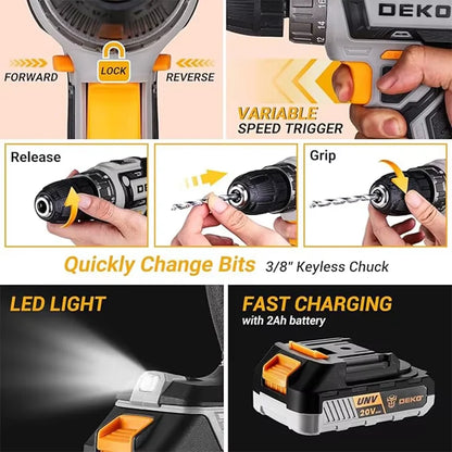 20V DEKO Cordless Drill Kit with Battery